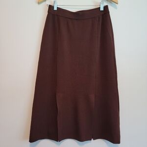 Knit Chic Skirt Sz S Brown Pull On Midi Stretchy Teacher Double Slit Preppy EUC